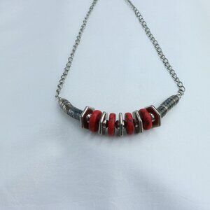 Vintage Red Stone & Silver-Tone Beaded Necklace | Southwestern Style